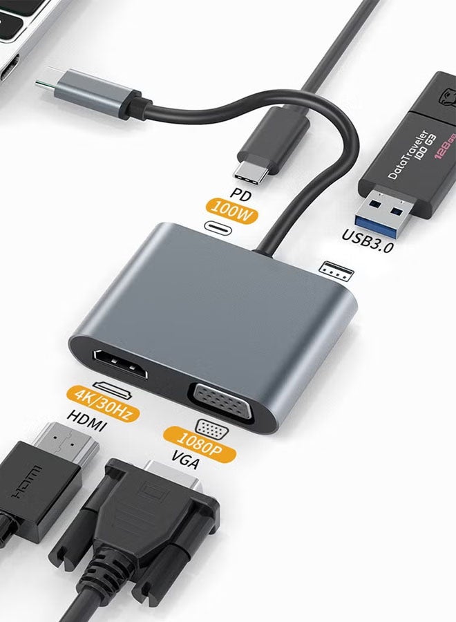 محول USB-C متعدد الوظائف 4 في 1 مع منفذ HDMI بدقة 4K ومنفذ VGA بدقة 1080P، وشحن سريع بقوة 100 واط، ومنفذ بيانات USB 3.0، وتصميم صغير الحجم لأجهزة MacBook Air/Pro وDell XPS وHP وSurface Pro وأجهزة الكمبيوتر المحمولة.